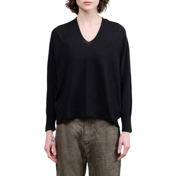 Pas‎ De Calais Sweater Women's XS Black Cotton Linen V-neck Pullover Relaxed Fit - Picture 1 of 13